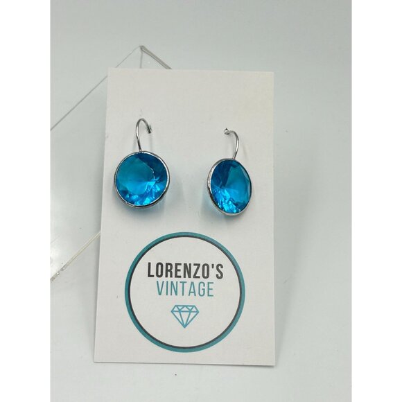 Sterling Silver Blue Earrings Crystal Round Drop Dangles Hook Earrings Aqua Blue - Picture 2 of 7